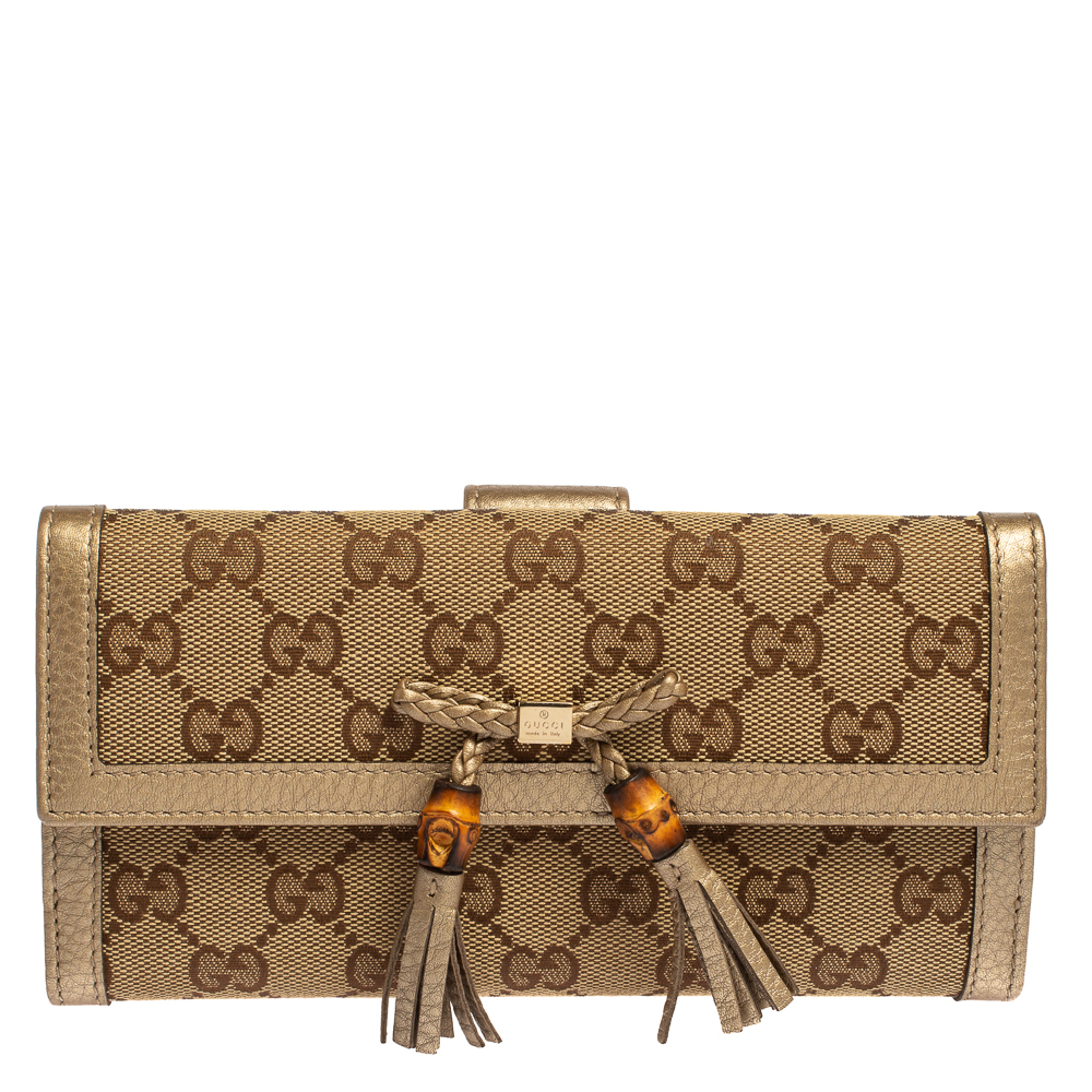 Pre-owned Gucci Beige/gold Gg Canvas And Leather Bamboo Tassel Bella Continental Wallet