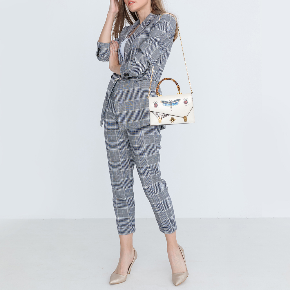 

Gucci Cream Python and Leather Ottilia Bee Printed Bamboo Top Handle Bag
