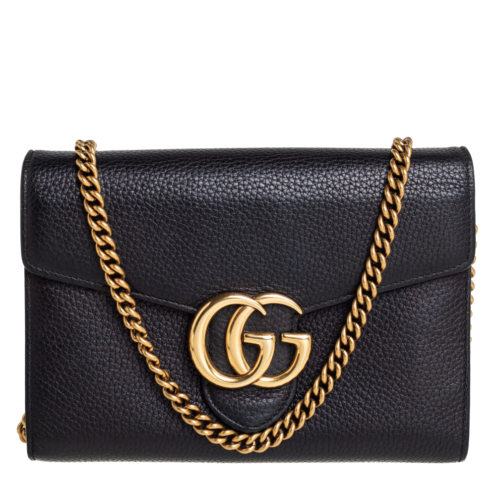 Pre-owned Gucci Black Leather Gg Marmont Wallet On Chain