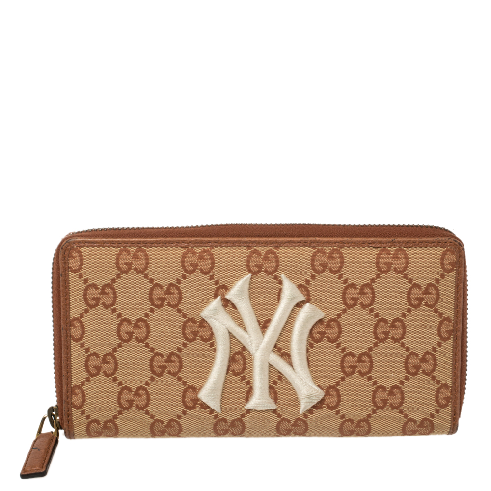 Pre-owned Gucci Beige/brown Gg Canvas And Leather New York Yankees Zip Around Wallet