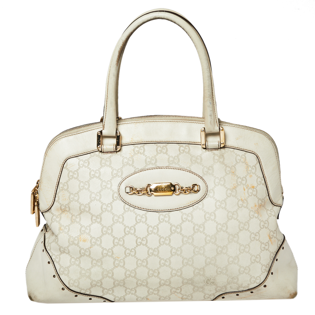 Pre-owned Gucci Ssima Leather Large Punch Satchel In White