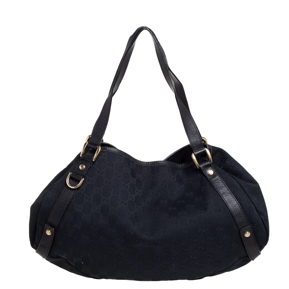 Pre-owned Gucci Black Gg Canvas And Leather Abbey Hobo