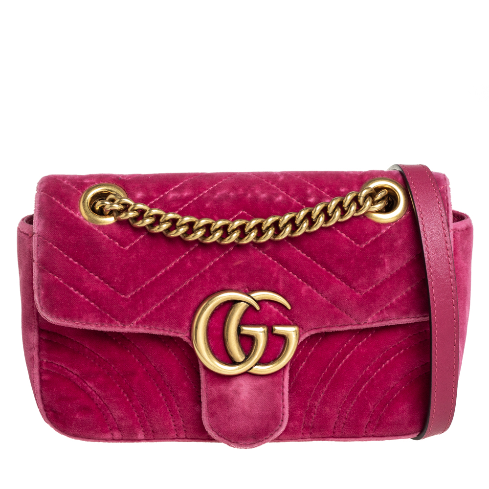 Pre-owned Gucci Fuchsia Matelasse Velvet Mini Gg Marmont Shoulder Bag In Pink
