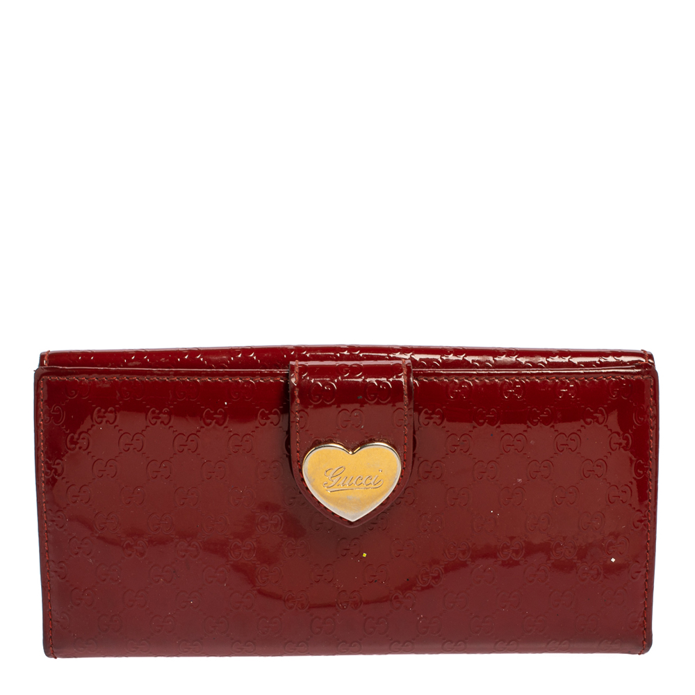 Pre-owned Gucci Red Microssima Patent Leather Heart Continental Wallet