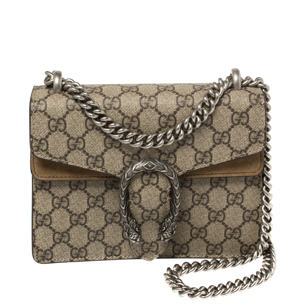 Pre-owned Gucci Beige Gg Supreme Canvas And Suede Mini Dionysus Shoulder Bag