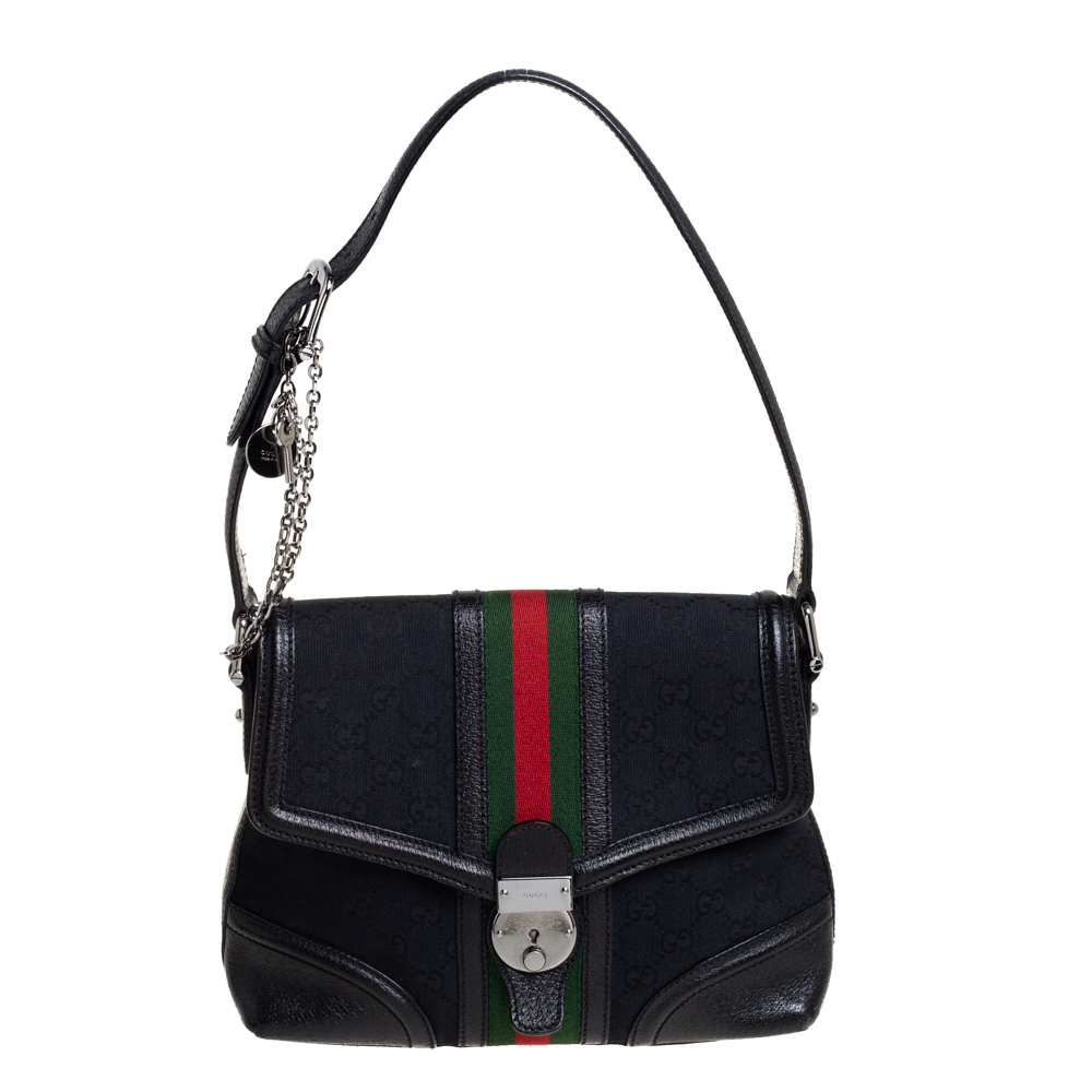 Pre-owned Gucci Black Gg Canvas And Leather Web Treasure Shoulder Bag