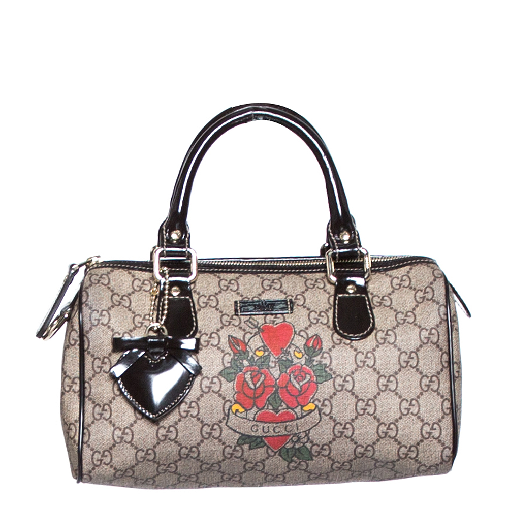 Pre-owned Gucci Beige/ebony Heart Tattoo Gg Supreme Canvas And Leather Small Joy Boston Bag