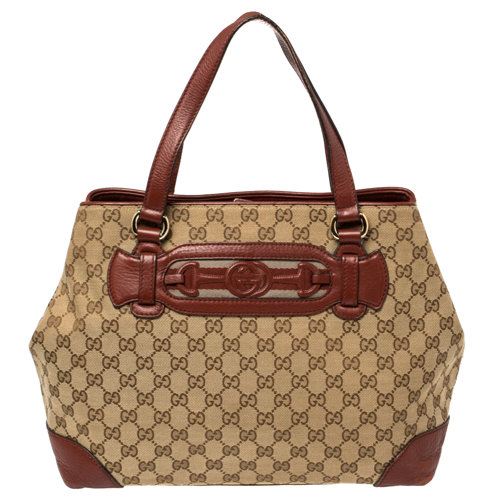 Pre-owned Gucci Beige/red Gg Canvas And Leather Medium Supreme Web Dressage Tote