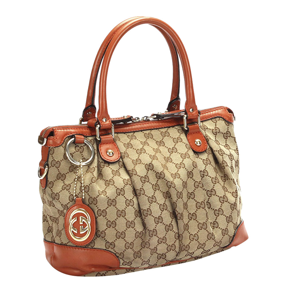

Gucci Brown/Orange GG Canvas Sukey Satchel Bag