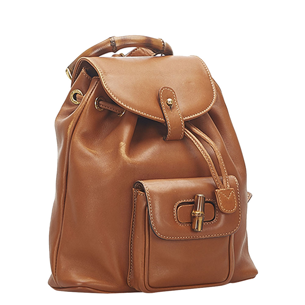 

Gucci Brown Leather Bamboo Drawstring Backpack