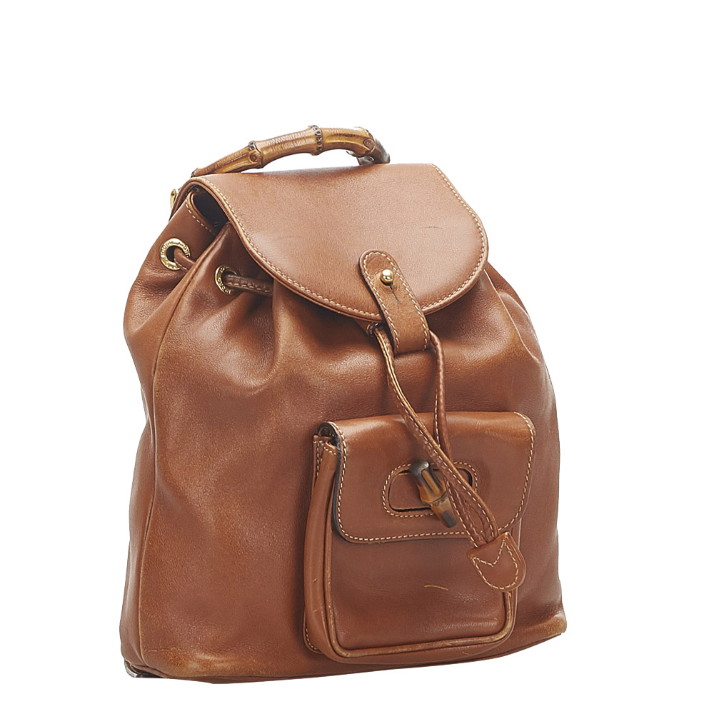 

Gucci Brown Leather Bamboo Drawstring Backpack