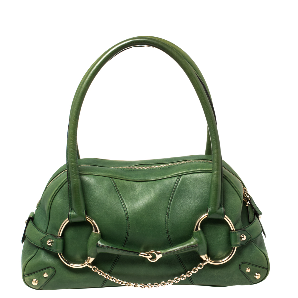 Pre-owned Gucci Green Leather Large Horsebit Chain Satchel