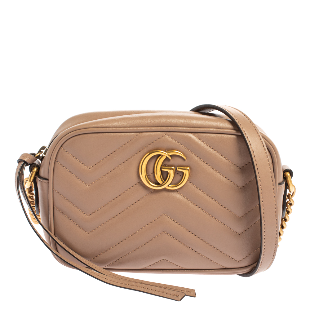 Gucci Beige Matelasse Leather Mini GG Marmont Crossbody Bag