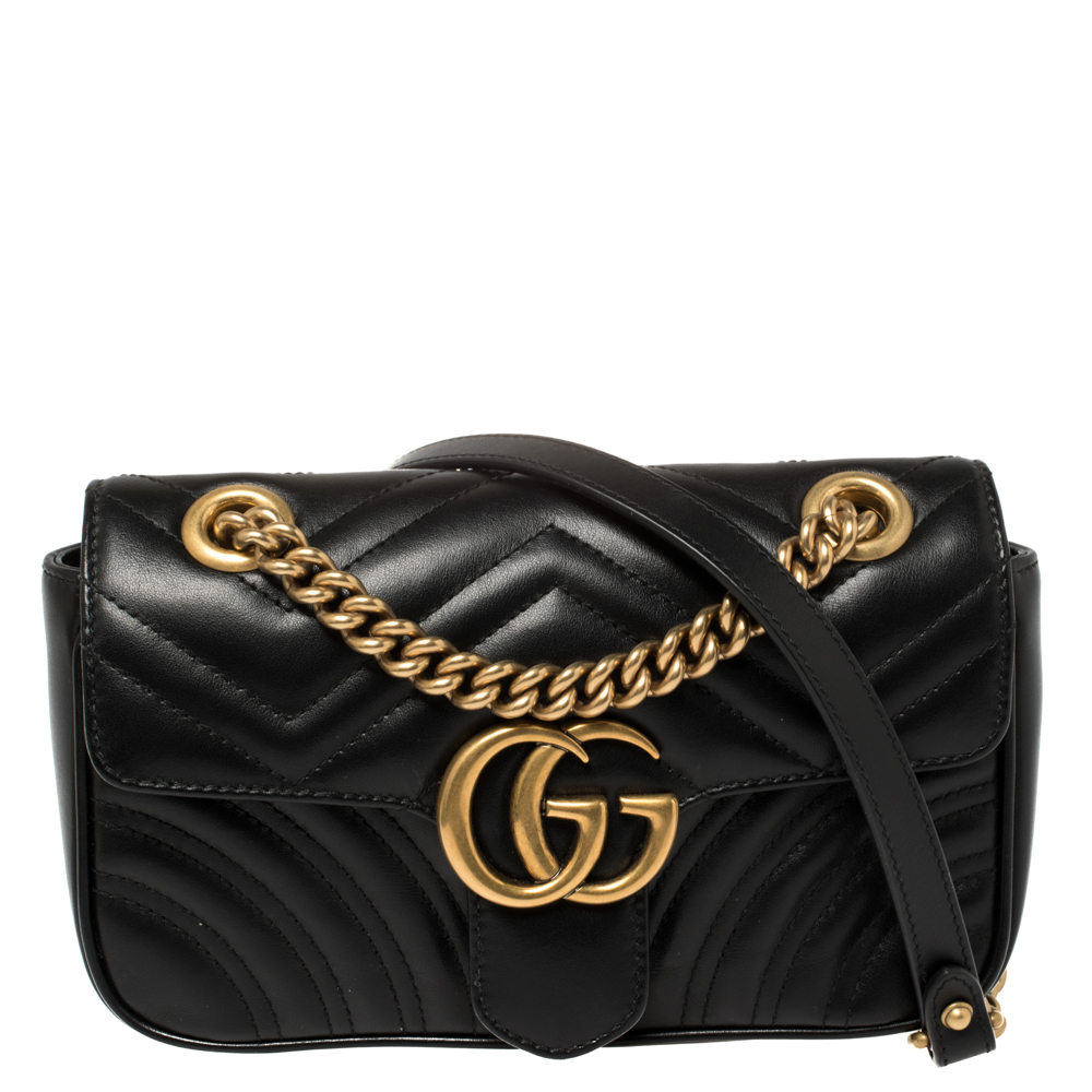 Pre-owned Gucci Black Matelasse Leather Mini Gg Marmont Shoulder Bag