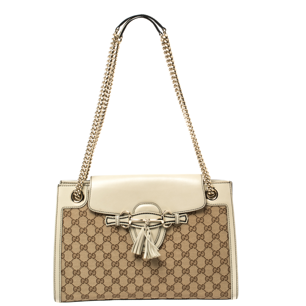 Pre-owned Gucci Beige Gg Canvas And Leather Large Emily Chain Shoulder Bag