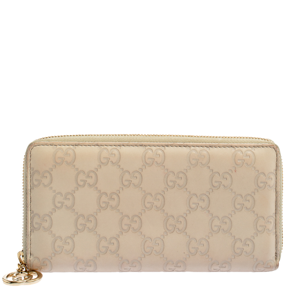 Pre-owned Gucci Ssima Leather Zip Around Wallet In Beige