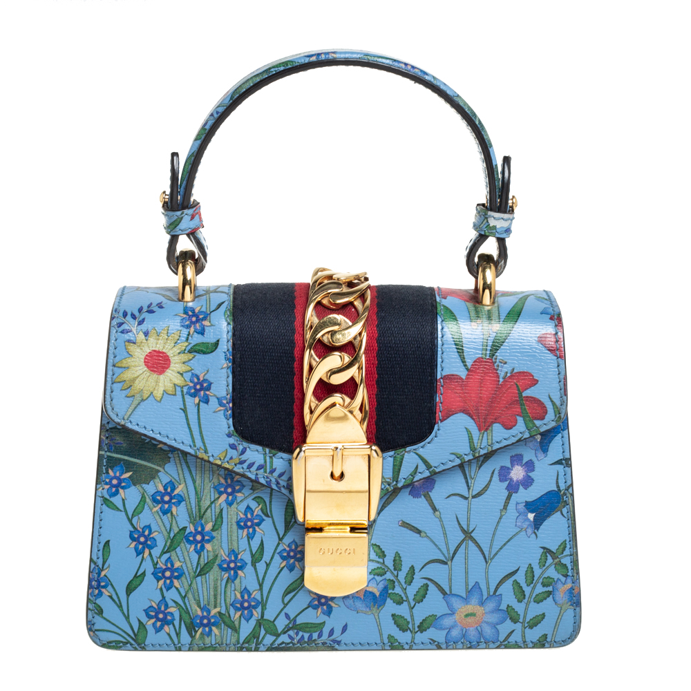 Pre-owned Gucci Blue Floral Print Leather Mini Web Sylvie Top Handle Bag