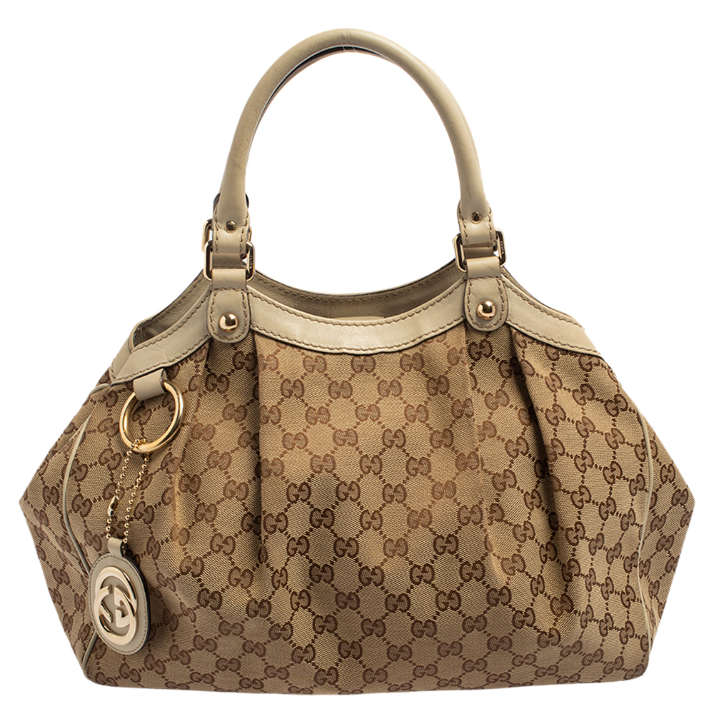 Pre-owned Gucci Beige Gg Canvas And Leather Medium Sukey Tote