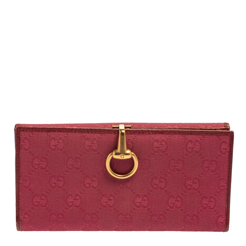 Pre-owned Gucci Fuchsia Gg Canvas And Leather Horsebit Clasp Continental Wallet In Pink
