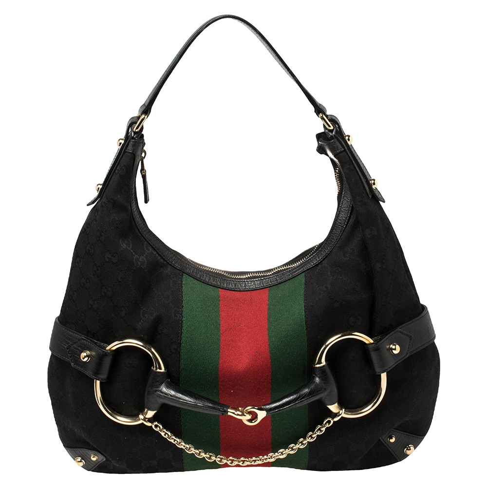 Pre-owned Gucci Black Gg Canvas And Leather Horsebit Web Hobo