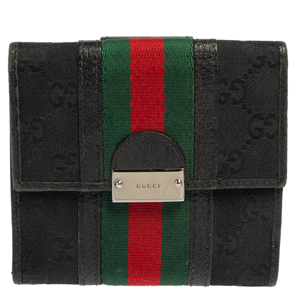 Pre-owned Gucci Black Gg Canvas And Leather Trim Web Compact Wallet