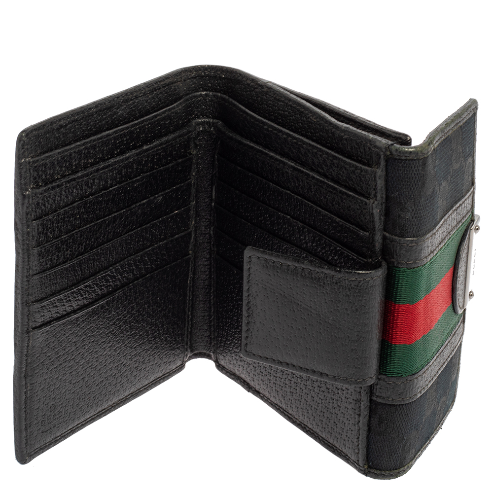 

Gucci Black GG Canvas and Leather Trim Web Compact Wallet