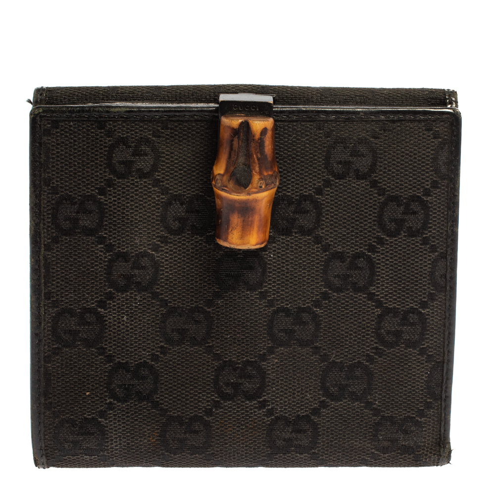 Pre-owned Gucci Black Gg Canvas And Leather Bamboo Bar Compact Wallet