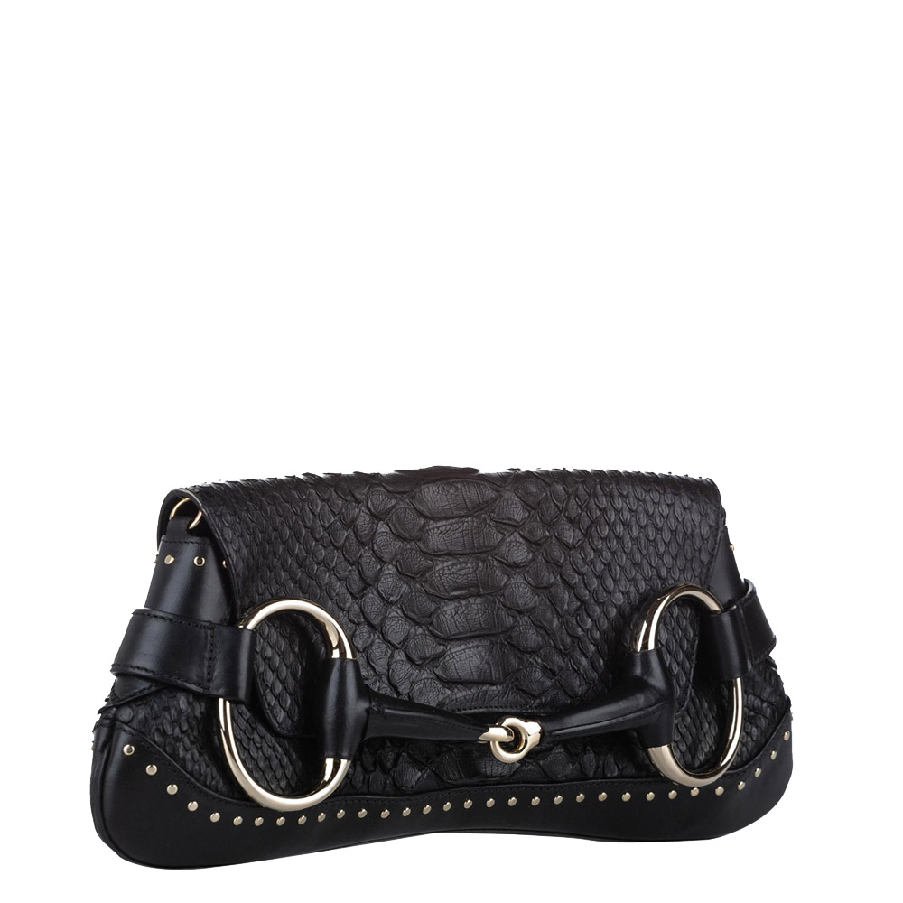 

Gucci Black Python Leather Horsebit Chain Baguette Bag
