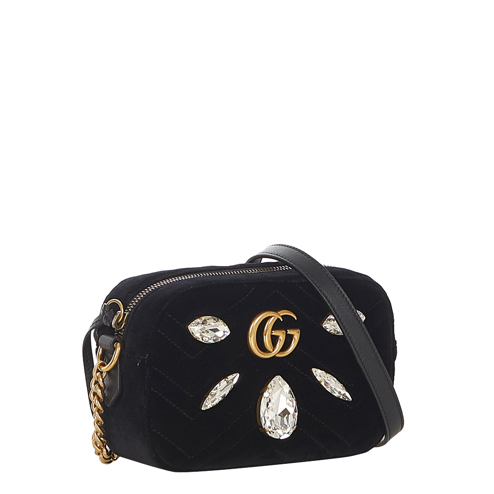 

Gucci Black Velvet  GG Marmont Crystal Embellished Shoulder Bag