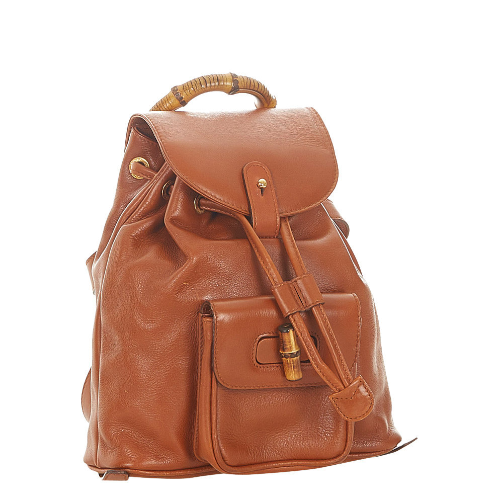 

Gucci Brown Leather Bamboo Drawstring Backpack