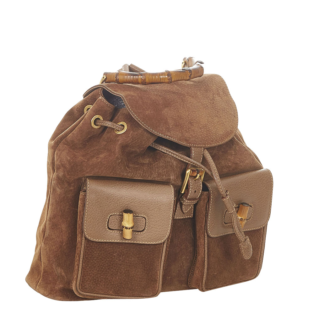 

Gucci Brown Suede Bamboo Drawstring Backpack