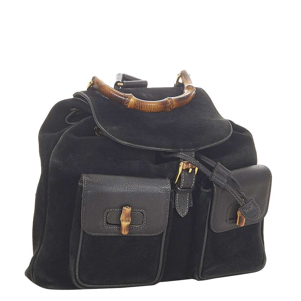 

Gucci Black Suede Bamboo Drawstring Backpack