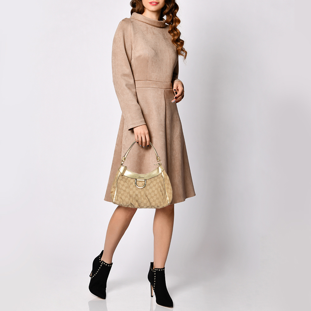 

Gucci Beige/Gold GG Canvas and Leather Small D Ring Hobo