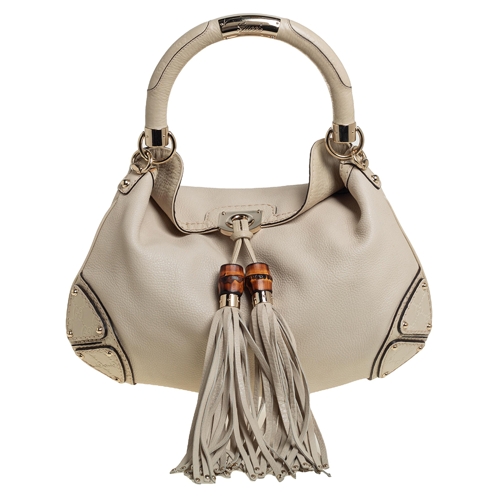 Pre-owned Gucci Ivory Leather Large Babouska Indy In White |