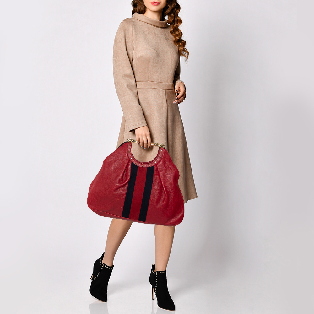 

Gucci Red Leather Web Metal Bamboo Tote