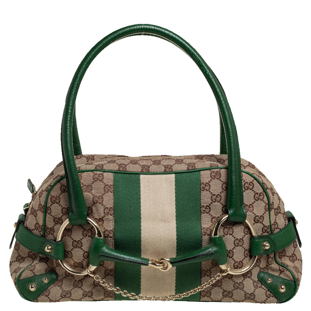 Click to view more detailed imagery on our partner's website Pre-owned Gucci Beige/green Gg Canvas And Leather Large Horsebit Chain Satchel