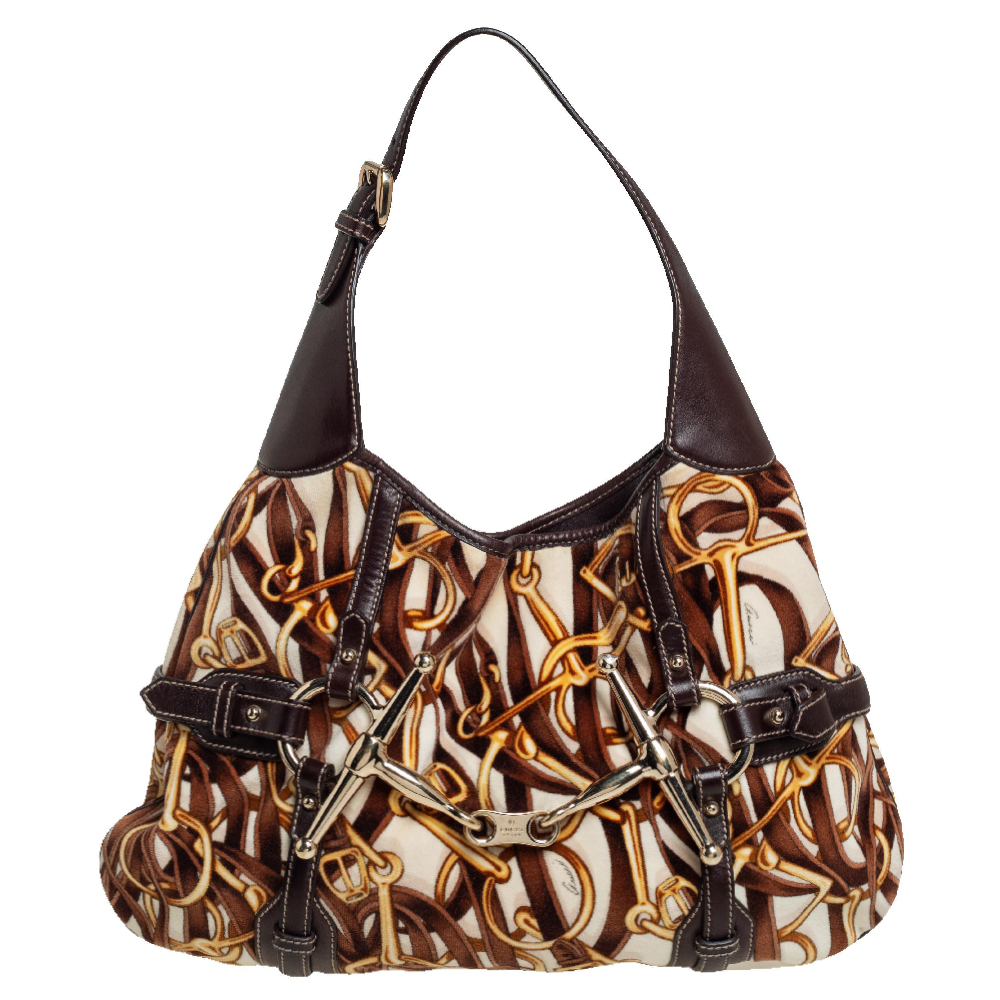 Click to view more detailed imagery on our partner's website Pre-owned Gucci Brown Horsebit Print Velvet And Leather 85th Anniversary Brit Hobo