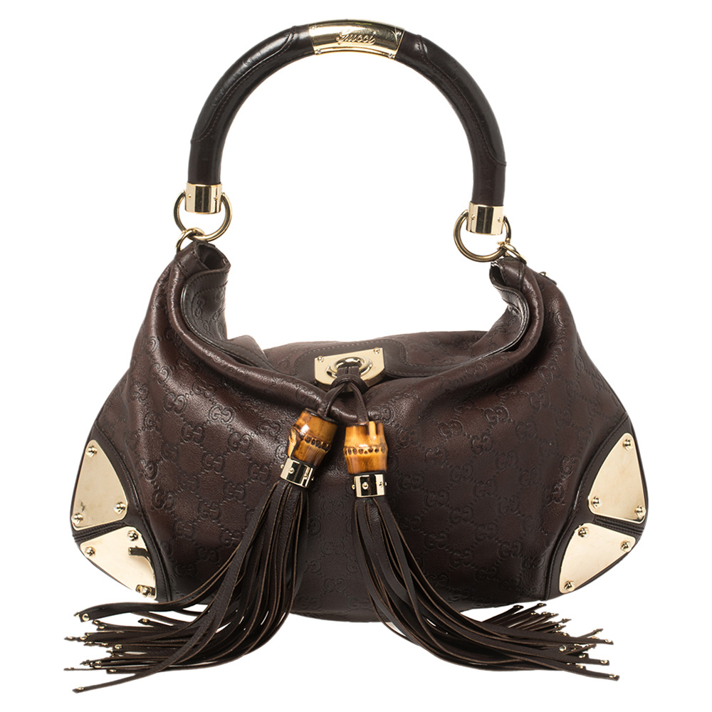 Click to view more detailed imagery on our partner's website Pre-owned Gucci Ssima Leather Medium Babouska Indy Hobo In Brown