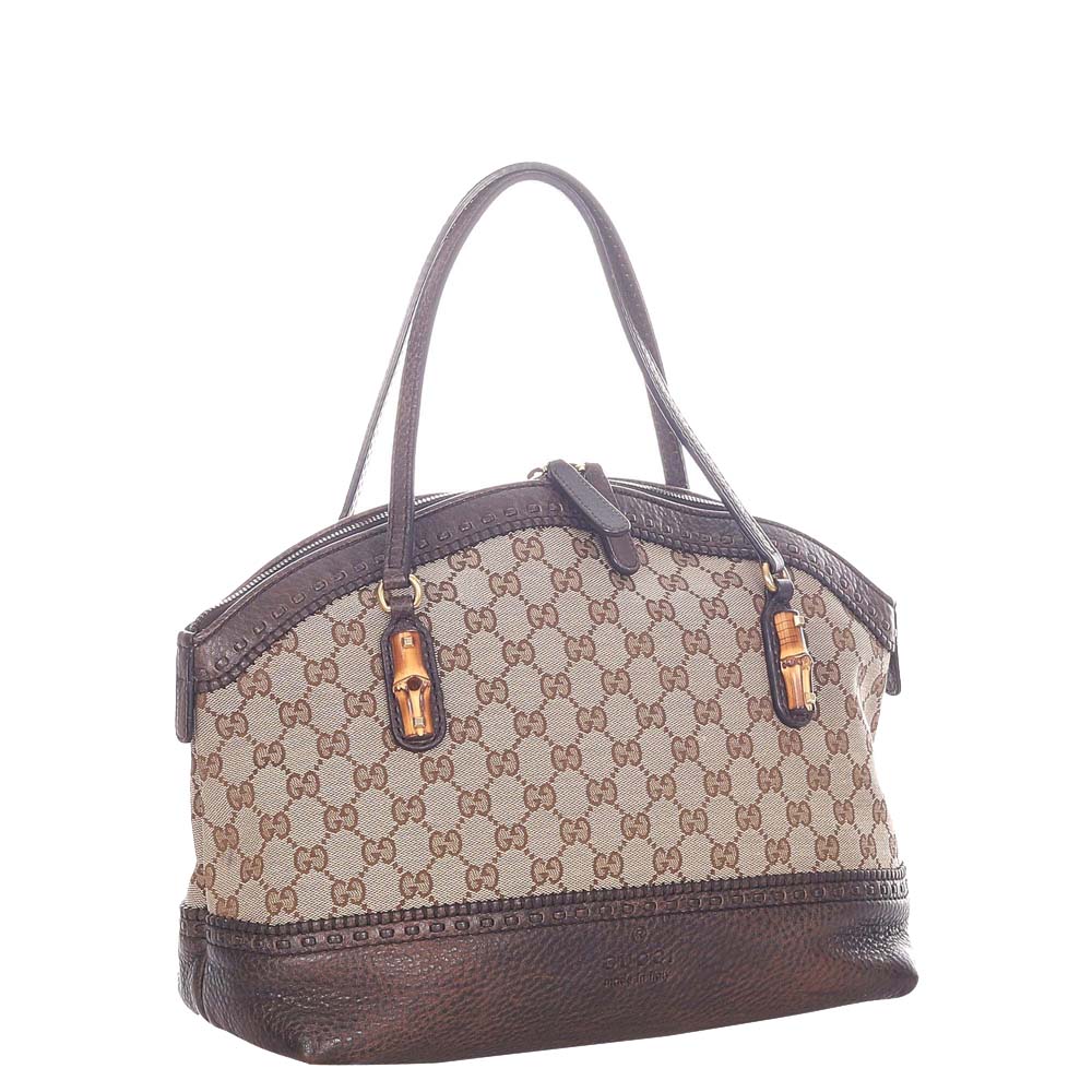 

Gucci Brown GG Canvas Leather Bamboo Crafty Shoulder Bag, Beige
