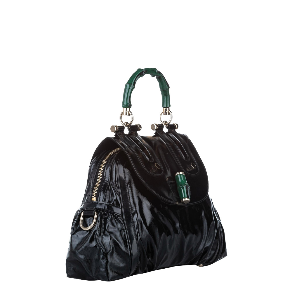 

Gucci Black Leather Dialux Pop Bamboo Top Handle Bag