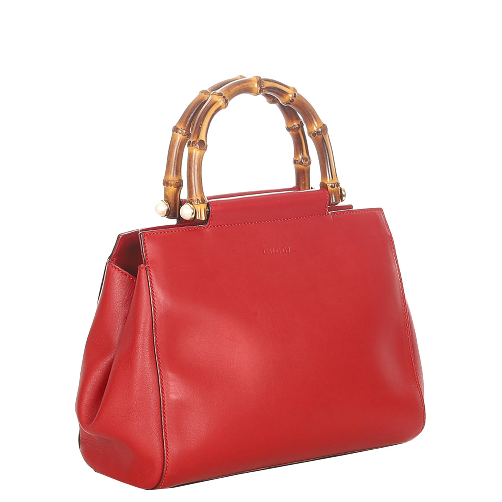 

Gucci Red Leather Bamboo Nymphaea Satchel Bag