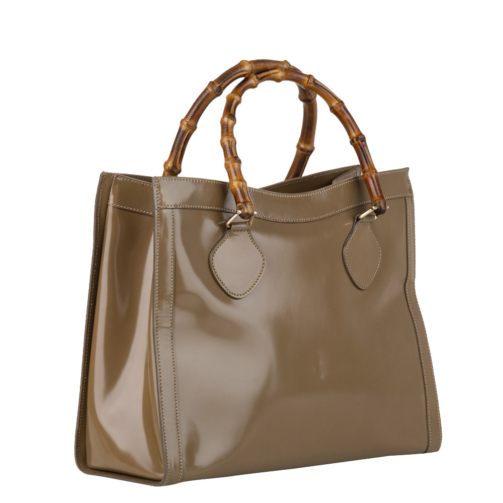 

Gucci Brown Patent Leather Bamboo Tote Bag