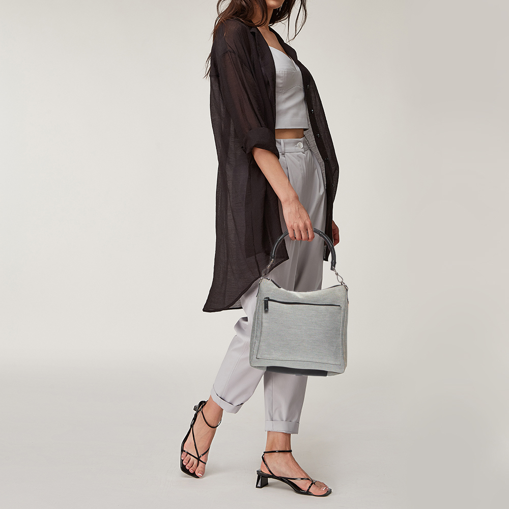 

Gucci Grey/Black Canvas Bamboo Top Handle Bag