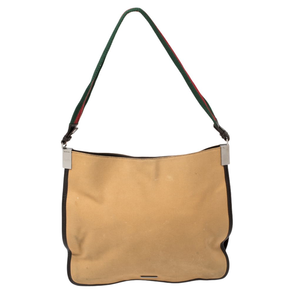 

Gucci Khaki Brown Canvas and Leather Trim Web Detail Hobo