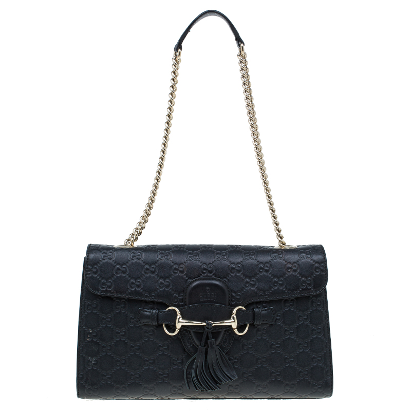 Pre Owned Gucci Black Guccissima Leather Emily Chain Shoulder Bag