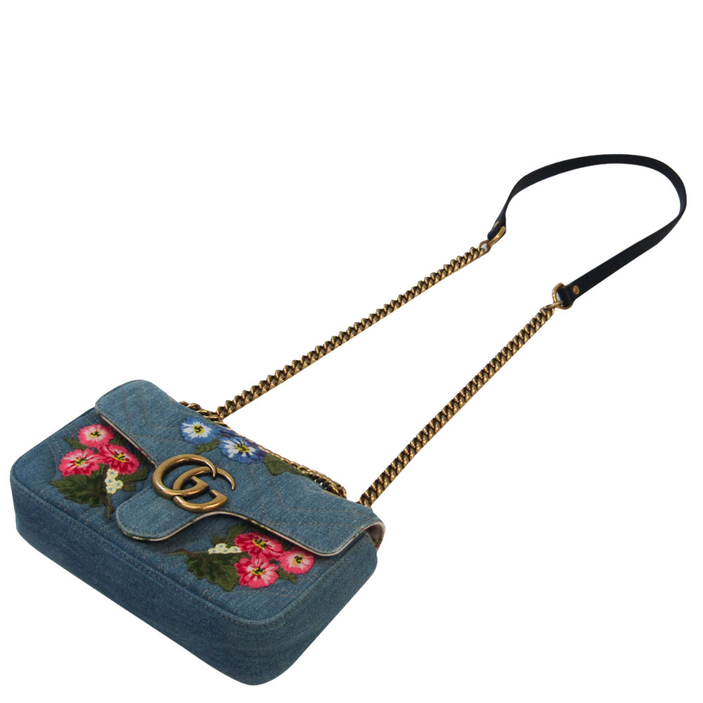 

Gucci Blue Denim GG Marmont Floral Shoulder Bag