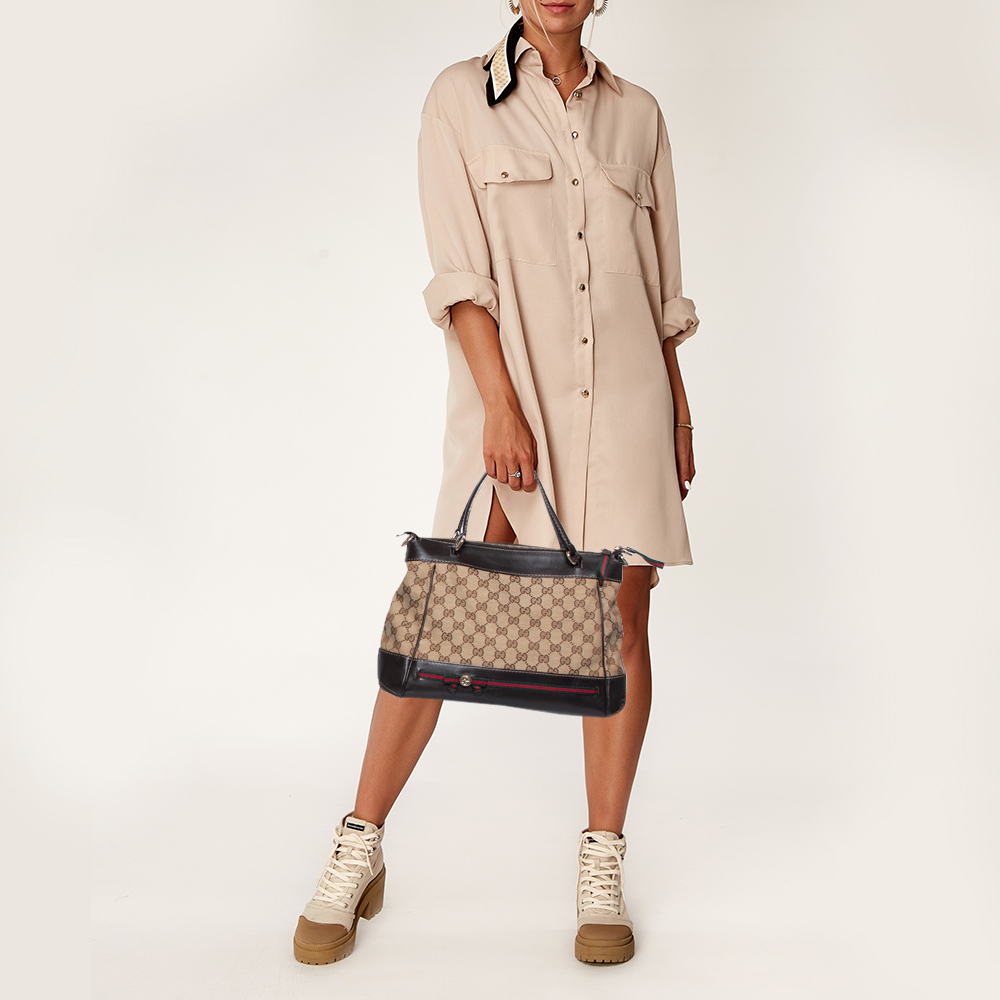 

Gucci Beige/Ebony GG Canvas and Leather Small Mayfair Bow Tote, Brown