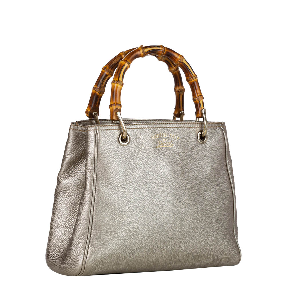 

Gucci Silver Leather Bamboo Shoppper Tote Bag