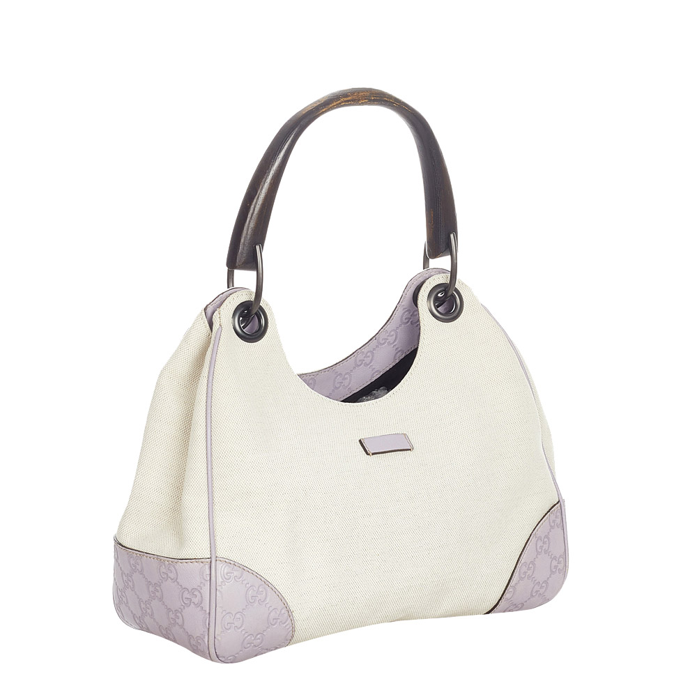 

Gucci White Canvas Leather Bamboo Top Handle Bag, Purple