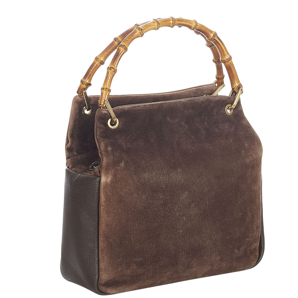 

Gucci Brown Suede Bamboo Satchel Bag